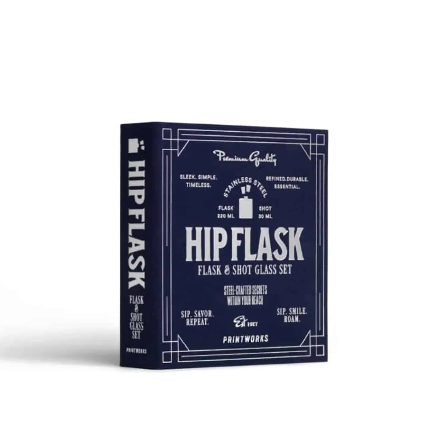 Essentials boek met heupflacon en shotglaasjes