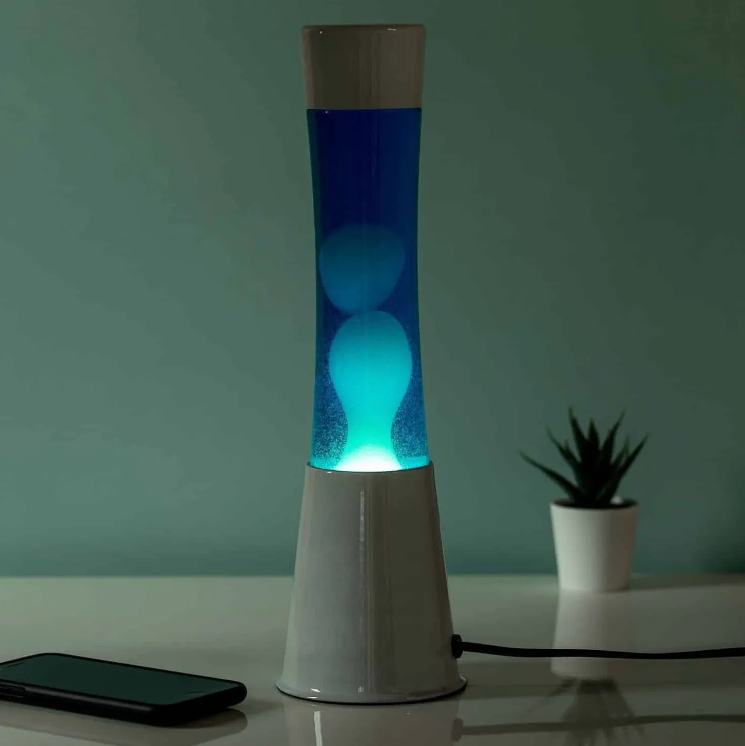 Lavalamp wit met blauwe vloeistof en mint lava