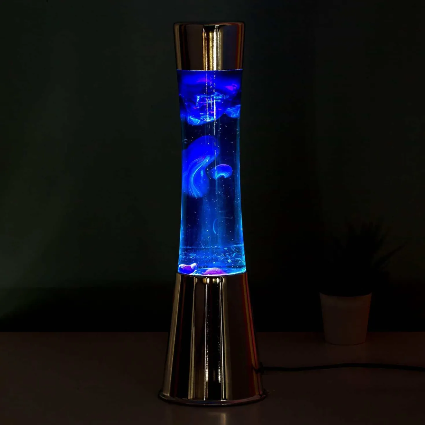 Lavalamp zilver met blauwe vloeistof en navy lava