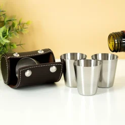 Shotglaasjes met leren hoes (set van 4)