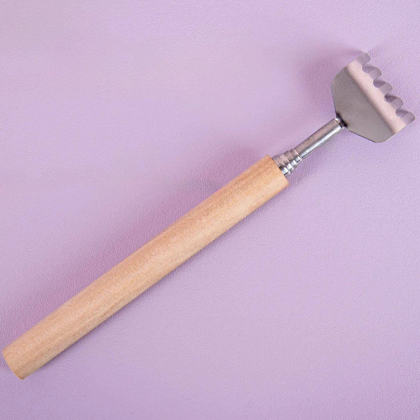 Uitschuifbare ruggenkrabber met houten handvat